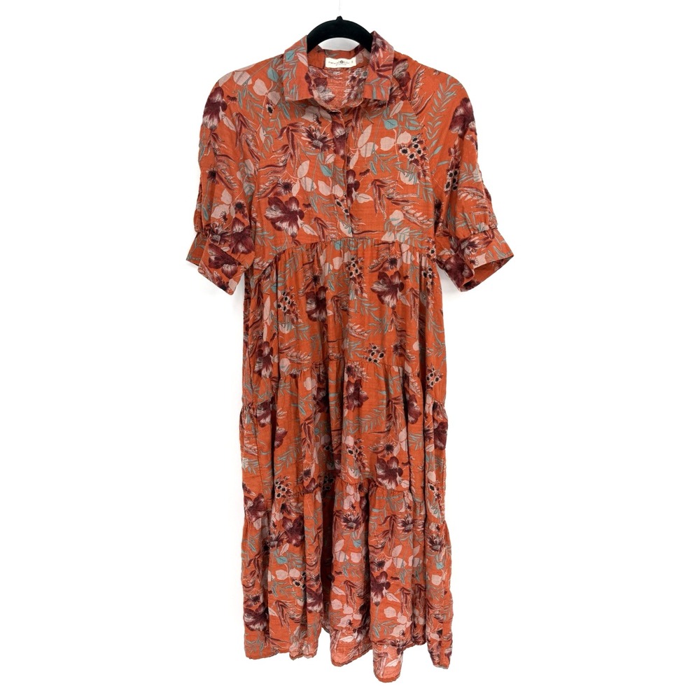 Natural Life Rebecca Midi Dress S Burnt Orange Floral Tiered Cottagecore Autumn
